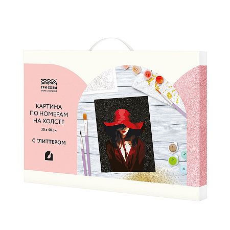 Картина по номерам на холсте с глиттером ТРИ СОВЫ "Девушка в красном", 30*40, с акриловыми красками и кистями