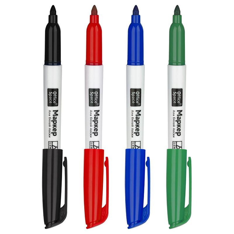 Набор маркеров для белых досок OfficeSpace 04цв., пулевидный, 3мм, чехол с европодвесом 