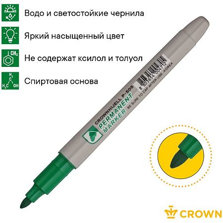Маркер перманентный Crown "Multi Marker Slim" зеленый, пулевидный, 2мм 
