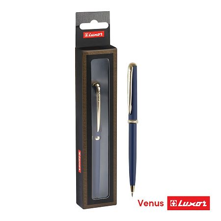 Ручка шариковая Luxor "Venus" синяя, 0,7мм, корпус синий/золото, кнопочный механизм, футляр 