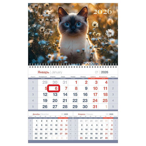 Календарь квартальный 1 бл. на 1 гр., 295*475 мм BG Mono premium "Кот в цветах", с магнитным бегунком, 2026г.