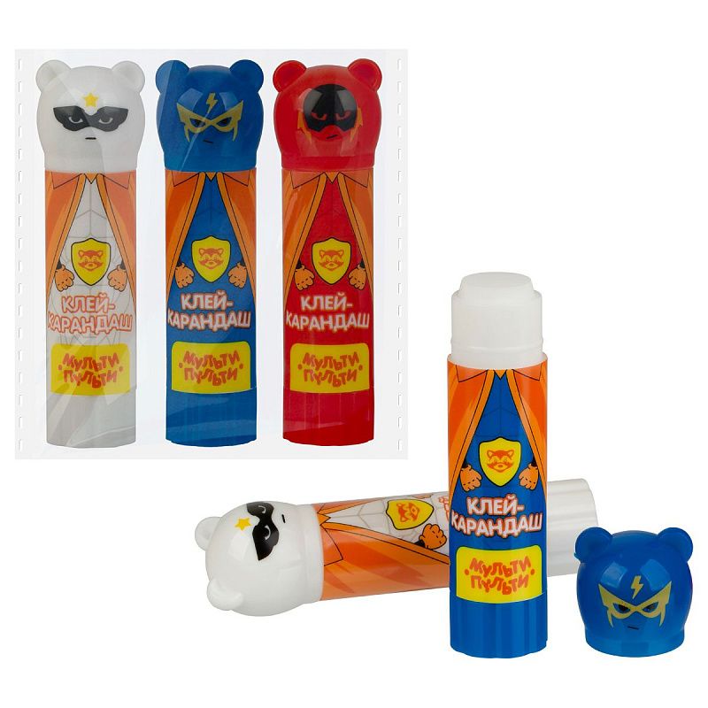 Набор клей-карандаш Мульти-Пульти "Супергерои", 09г, фигурный колпачок, ПВП, пакет, ассорти