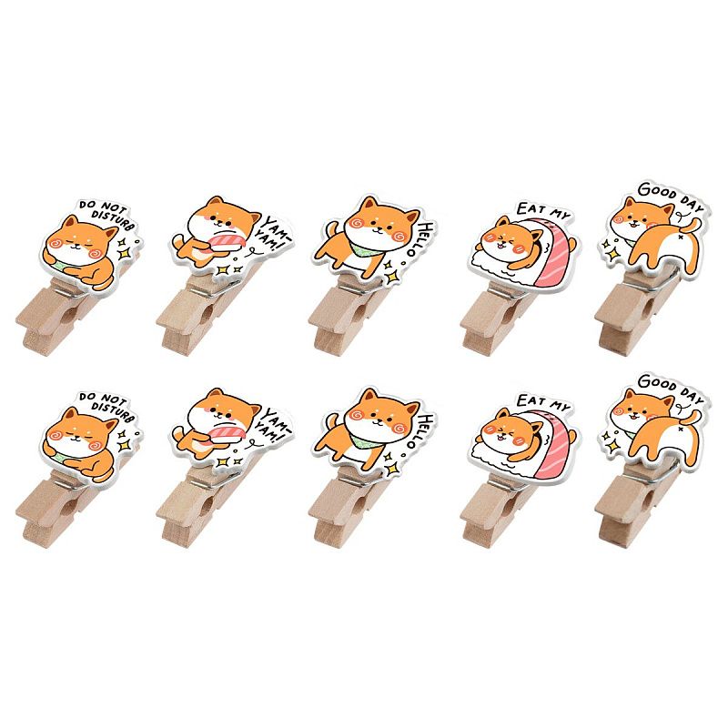 Зажимы для бумаг 7мм, MESHU "Funny dogs", 10шт.,  деревянные, ассорти, опп пакет с европодвесом, веревка в комплекте