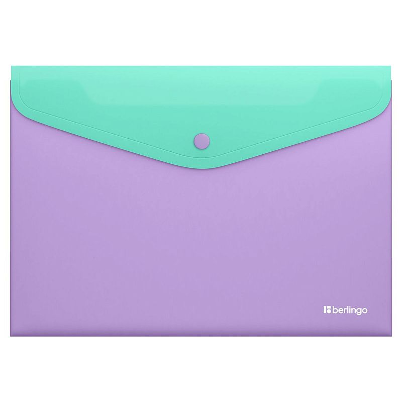 Папка-конверт на кнопке Berlingo "Haze" А4, 200мкм, софт-тач, с цветным клапаном, мятная/сиреневая