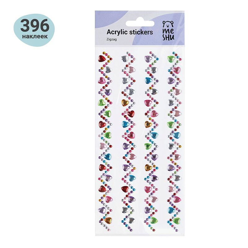 Наклейки акриловые MESHU "Zigzag", 25*10см, стразы, 396 наклеек, инд. уп., европодвес