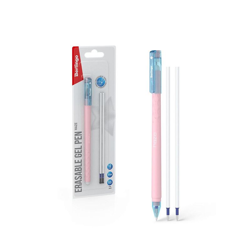 Ручка гелевая стираемая Berlingo "Haze" синяя, +2 сменных стержня, 0,5мм, прорезин. корпус, розовый корпус 