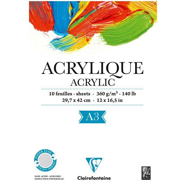 Альбом для акрила, 10л., А3, на склейке Clairefontaine "Acrylic", 360г/м2
