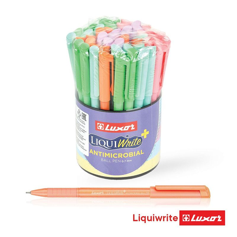 Ручка шариковая Luxor "Liquiwrite" синяя, 0,7мм, с антибактериальным грипом, корпус ассорти 