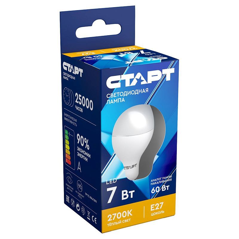 Лампа светодиодная Старт LED, серия "ЭКО" 7W30, тип А "груша", E27, 2700К, теплый свет, 15000ч
