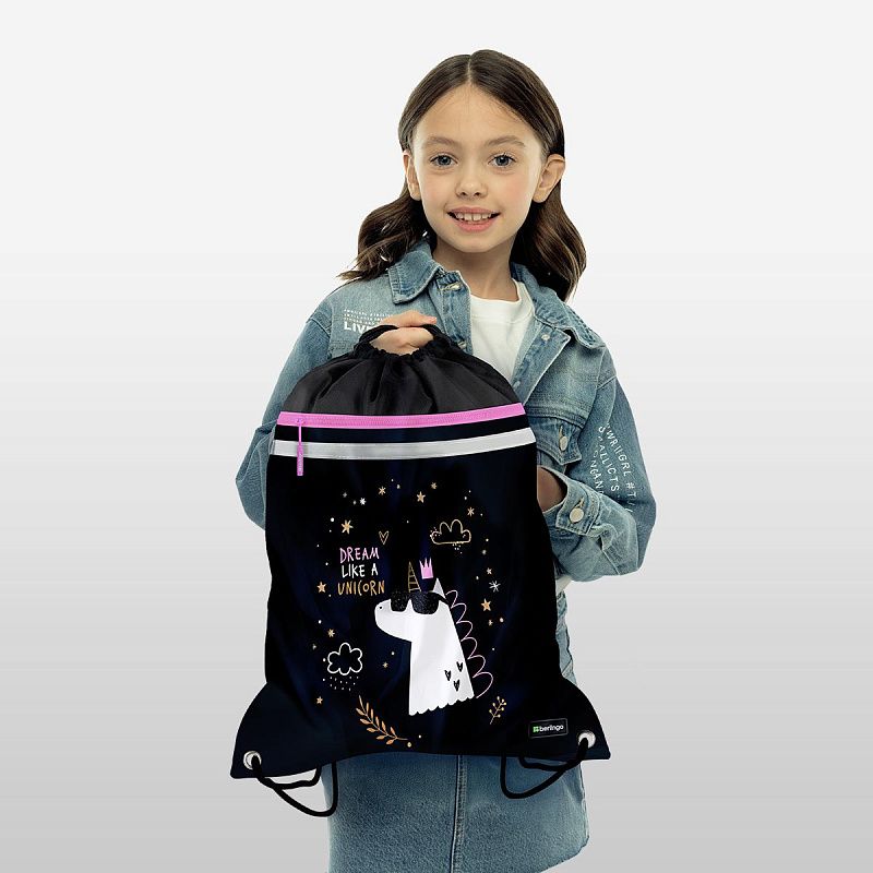 Мешок для обуви 1 отделение Berlingo "Dream Like A Unicorn", 360*460мм, вентиляционная сеточка , светоотражающая лента, карман на молнии 