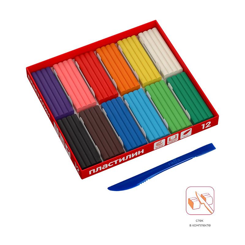 Пластилин Гамма, Юбилейная серия, 12 цветов, 240г, со стеком, картон. упаковка
