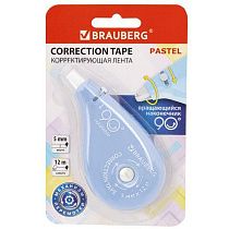 Корректирующая лента BRAUBERG PASTEL 5 мм х 12 м, вращающийся наконечник 90°, механизм перемотки, корпус голубой, блистер, 272488
