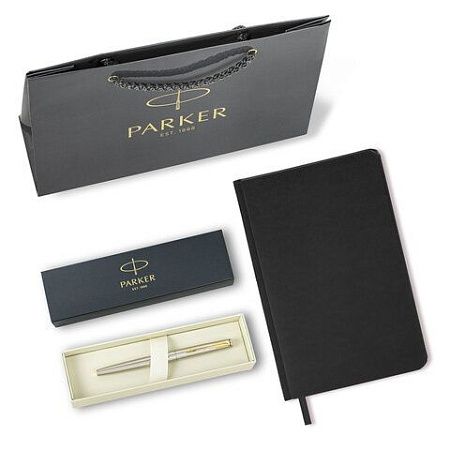 Ручка перьевая PARKER "Jotter Core Stainless Steel GT", ежедневник А5 черный, пакет, 880902 