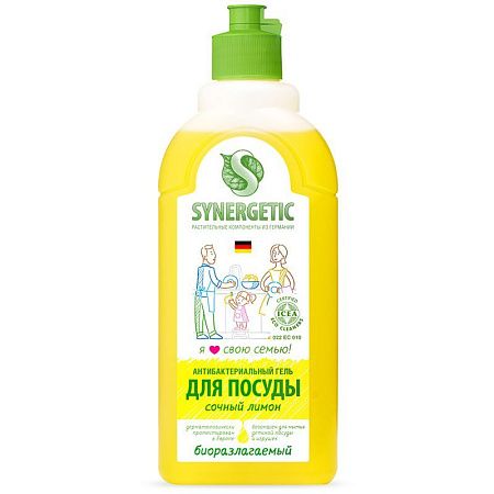 Средство для мытья посуды, фруктов, игрушек Synergetic "Лимон", антибакт., концентрат, без дозатора, 500мл 