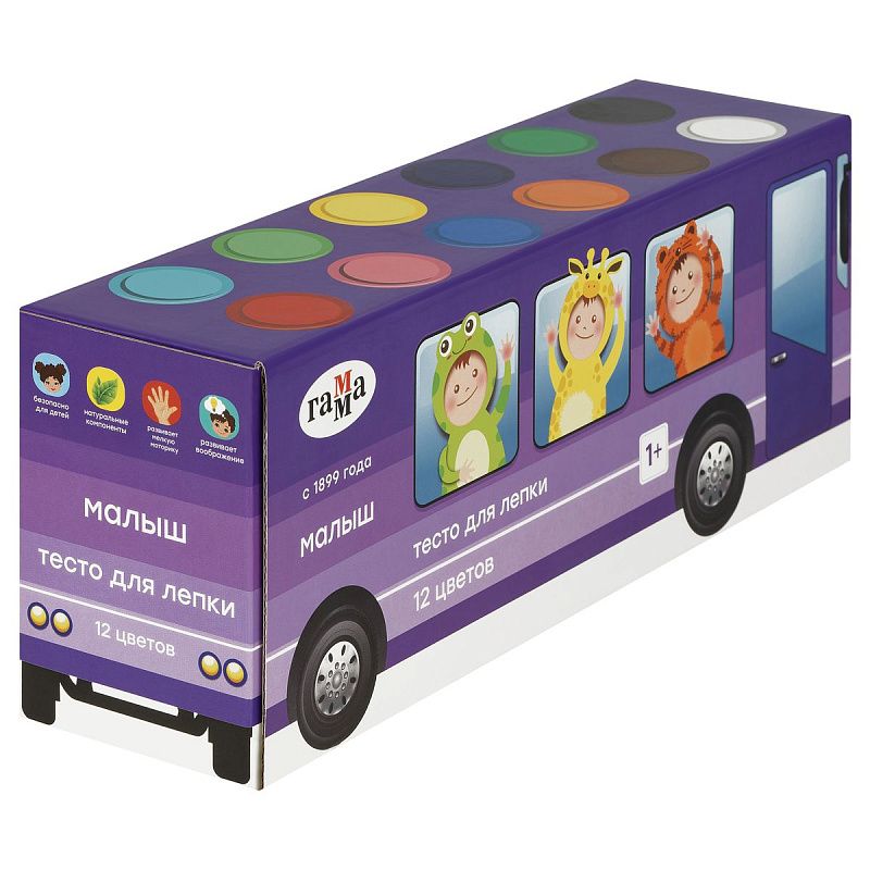 Тесто для лепки Гамма "Малыш. Автобус" 12цв., 720г, картон. упаковка