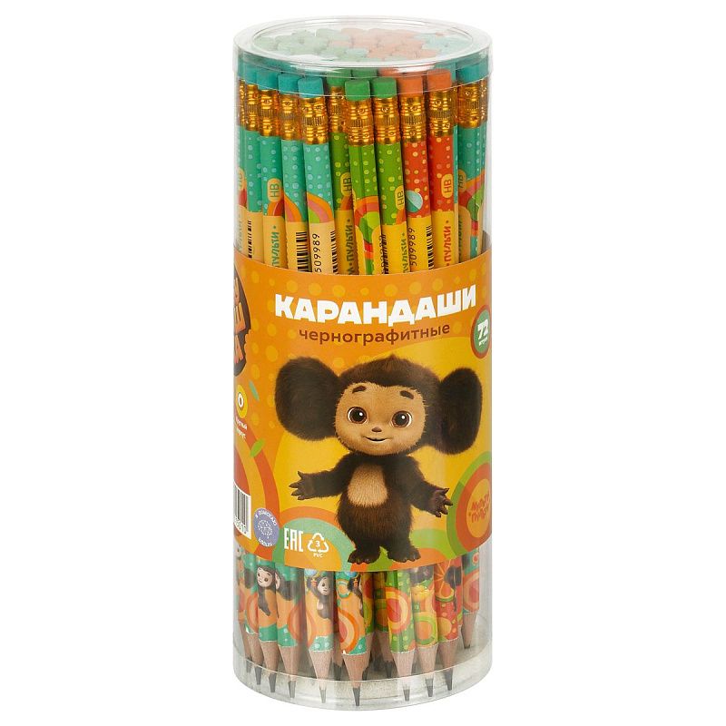 Карандаш ч/г Мульти-Пульти "Чебурашка" HB, с ластиком, круглый, заточен., ассорти 