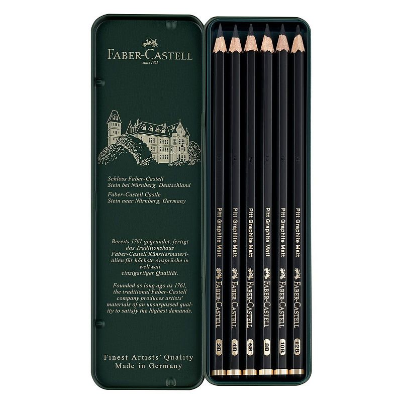 Набор карандашей ч/г матовых Faber-Castell "Pitt Graphite Matt" 2B, 4B, 6B, 8B, 10B, 12B, заточ., метал.кор