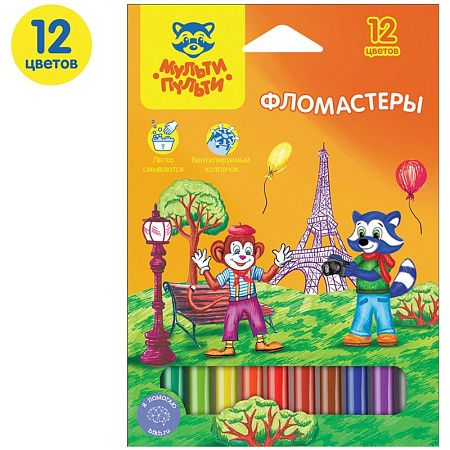 Фломастеры Мульти-Пульти "Енот во Франции", 12цв., смываемые, картон, европодвес
