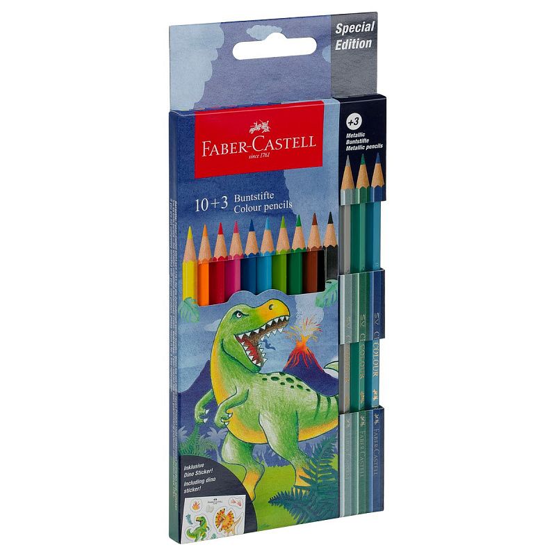 Карандаши цветные Faber-Castell "Dinosaur", 10 цв. + 3 цв. металл. + наклейки, заточен., картон, европодвес