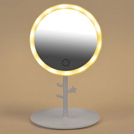 Зеркало настольное с LED-подсветкой для макияжа, диаметр 17 см, 3 режима свечения, аккумулятор 1200 mAh, цвет белый, WBZ, 609330