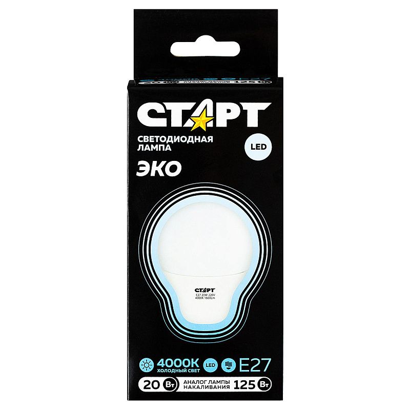 Лампа светодиодная Старт LED, серия "WS" 20W40, тип А "груша", E27, 4000К, нейтральный свет, 25000ч
