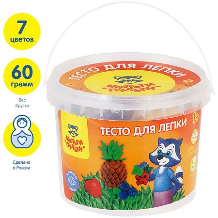Тесто для лепки Мульти-Пульти "Енот на каникулах", 07 цветов*60г, пластиковое ведро