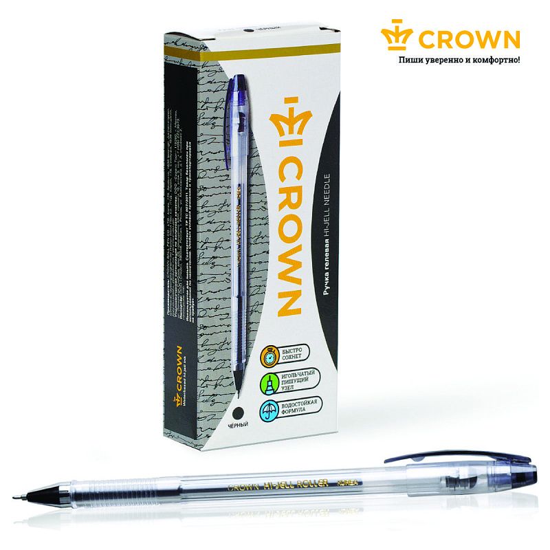 Ручка гелевая Crown "Hi-Jell Needle" черная, 0,5мм, игольчатый стержень 