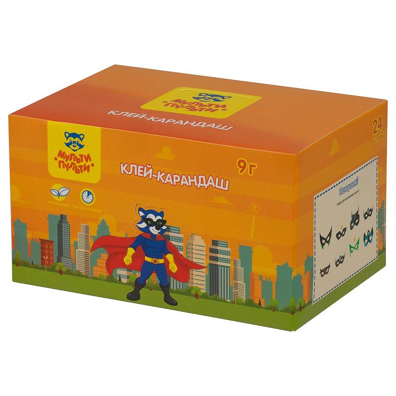 Клей-карандаш Мульти-Пульти "Супергерои", 09г, фигурный колпачок, ПВП, дисплей бокс, ассорти