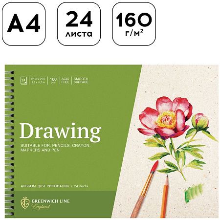 Альбом для рисования 24л., А4, на гребне Greenwich Line "Botanical. Peony", 160г/м2, глянцевая ламинация, перфорация на отрыв