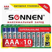 Батарейки КОМПЛЕКТ 10 шт., SONNEN Super Alkaline, AAA (LR03, 24А), алкалиновые, мизинчиковые, короб, 454232
