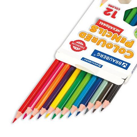Карандаши цветные BRAUBERG PREMIUM, 12 цветов, пластиковые, шестигранные, грифель мягкий 3 мм, 181666