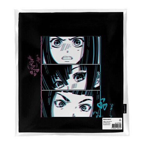 Сумка-шоппер BRAUBERG PREMIUM, канвас, 40х35 см, на кнопке, карман, черный, "Anime face", 271903 