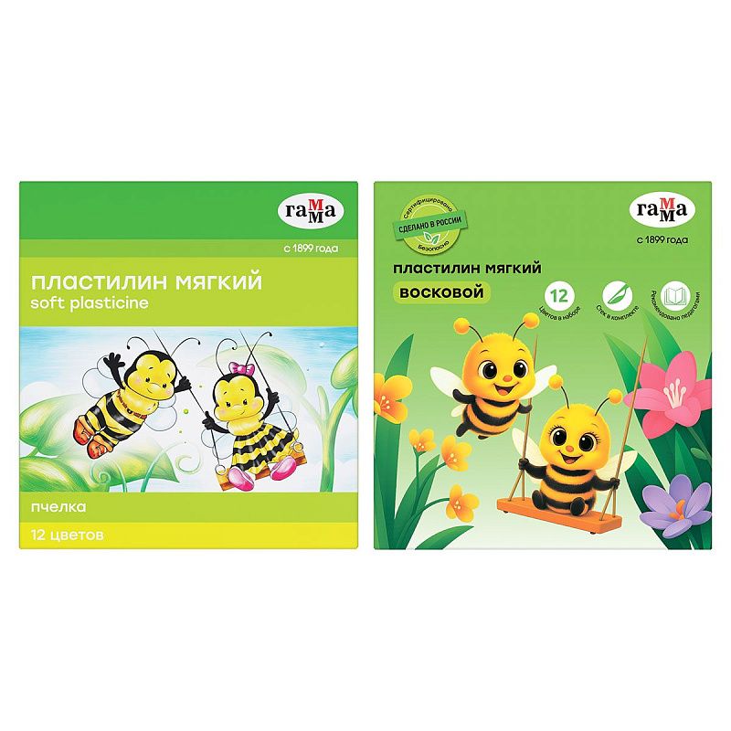 Пластилин восковой мягкий Гамма "Пчелка", 12 цветов, 180г, со стеком, картон. упаковка