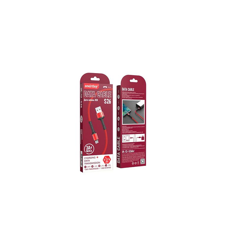 Кабель Smartbuy S26, USB - micro-USB, 3A output, нейлоновая оплетка, 1м, красный