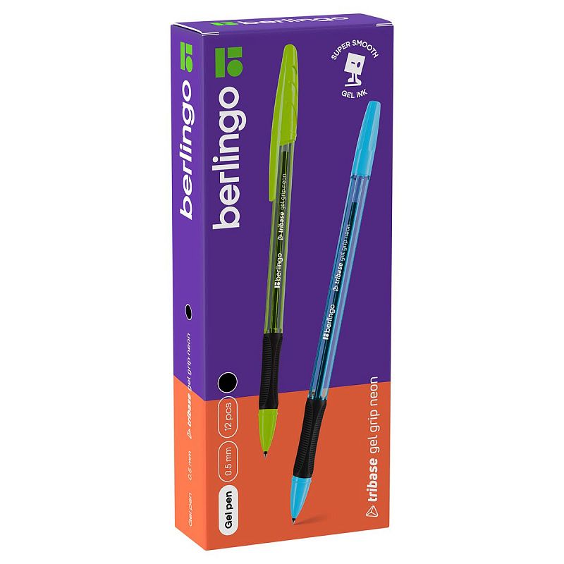 Ручка гелевая Berlingo "Tribase Gel grip neon" черная, 0,5мм, грип 
