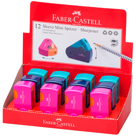 Точилка пластиковая Faber-Castell "Sleeve Mini" 1 отверстие, контейнер, розов./оранж., бирюзовая