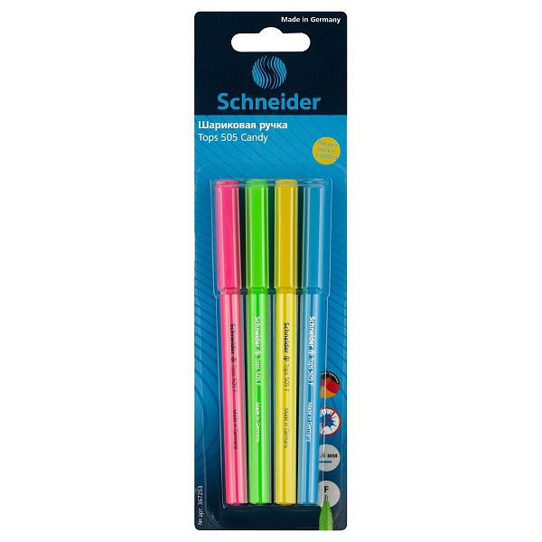 Ручка шариковая Schneider "Tops 505 F Candy" 4шт., синие, 0,8мм, корпус неон ассорти, блистер