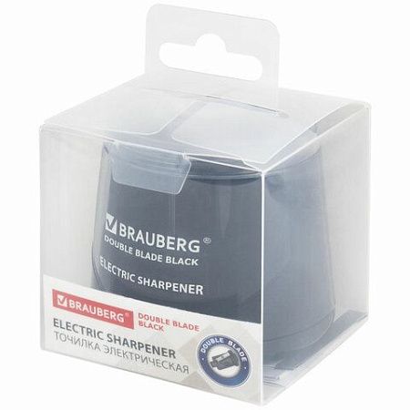 Точилка электрическая BRAUBERG DOUBLE BLADE BLACK, двойное лезвие, питание от 2 батареек АА, 271336 