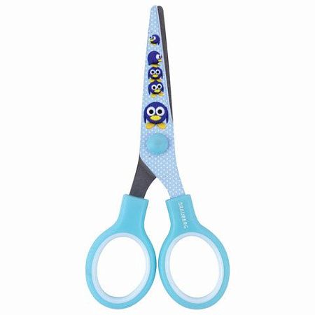 Ножницы BRAUBERG "Kid Series", 130 мм, голубые, с цветной печатью "Пингвины", закругленные, 232271 