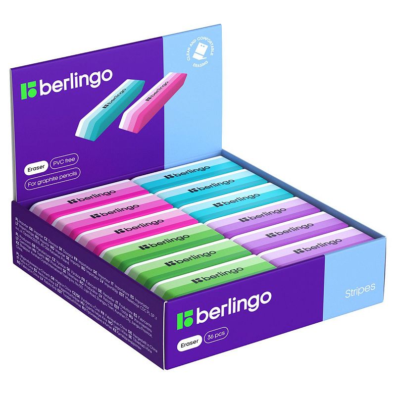 Ластик Berlingo "Stripes", прямоугольный, скошенный, термопласт. резина, цвета ассорти, 50*19*9мм 
