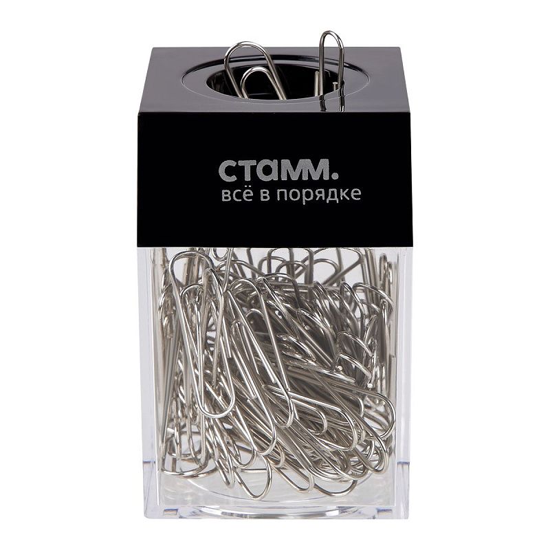 Скрепочница магнитная СТАММ, 100 никелированных скрепок, прозрачный корпус, картонная коробка
