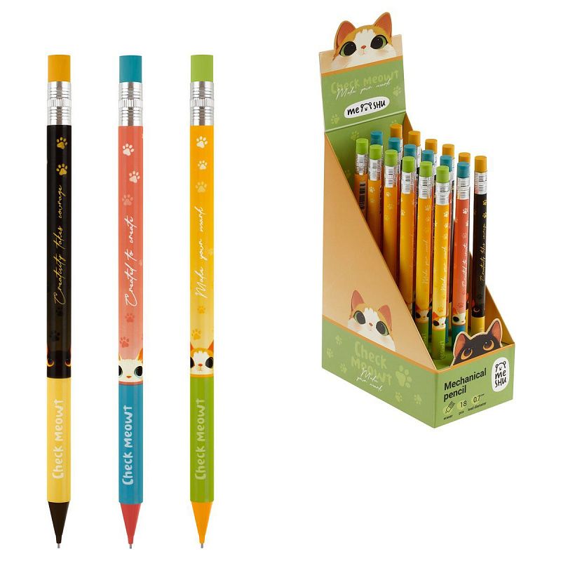 Карандаш механический MESHU "Check Meowt", печать на корпусе, с ластиком, 0,7мм, ассорти