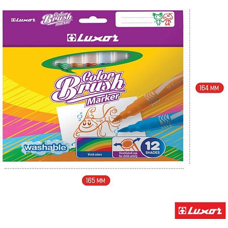 Фломастеры с кистевым пишущим узлом Luxor "Color Brush", 12цв., смываемые, картон, европодвес