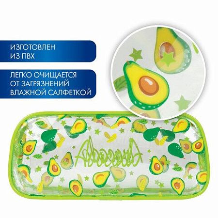 Пенал-косметичка BRAUBERG LUCENT на молнии, прозрачный, "Avocado", 21х5х9 см, 270054 
