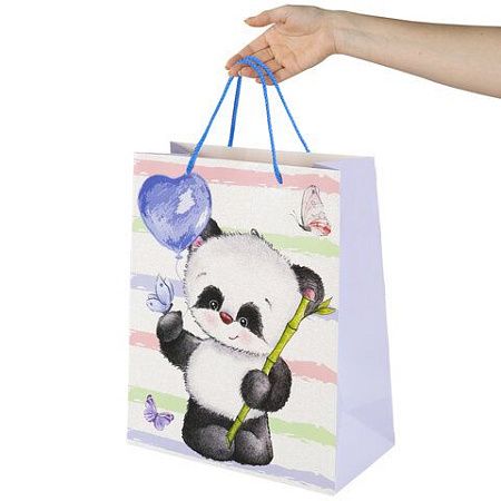 Пакет подарочный 26,5x12,7x33 см ЗОЛОТАЯ СКАЗКА "Lovely Panda", глиттер, белый с голубым, 608241