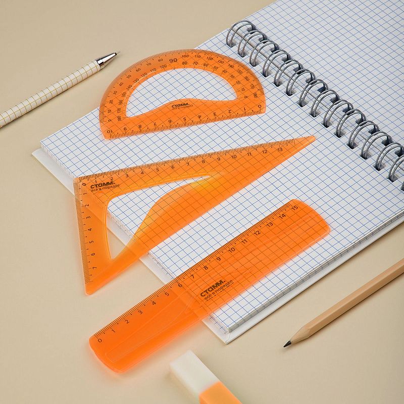 Набор чертежный СТАММ, размер S (линейка 15см, треугольник, транспортир), гибкий, прозрачный, оранжевый, европодвес 