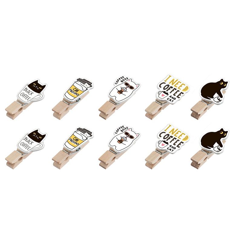 Зажимы для бумаг 7мм, MESHU "Right Cat", 10шт., деревянные, ассорти, опп пакет с европодвесом, веревка в комплекте