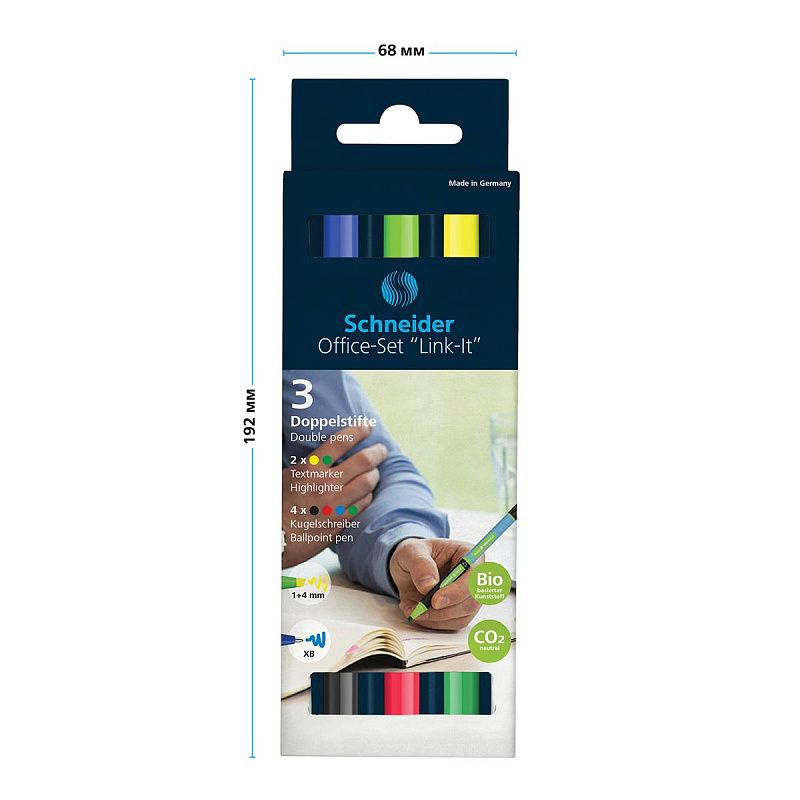 Набор двухсторонних шариковых ручек-текстовыделителей Schneider "Link-It" 04цв., 1,4мм/4мм, картон. упаковка, европодвес 