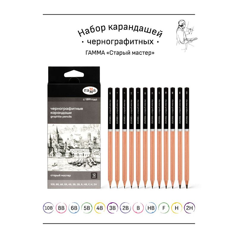 Набор карандашей ч/г Гамма 12шт., 10B-2H, картон. упаковка, европодвес 