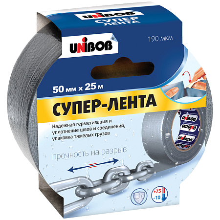 Клейкая СУПЕР-лента армированная Unibob, 50мм*25м, серая, инд. упаковка